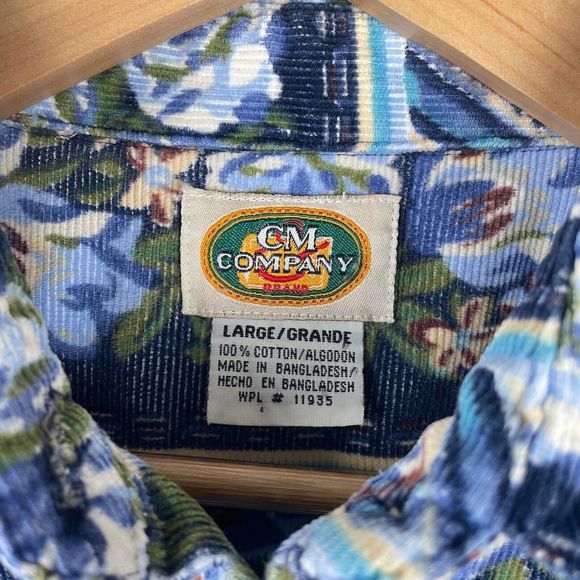 Vintage CM Company‎ Corduroy Shirt Button Up Blue Floral Stripe Womens Large - Picture 5 of 5